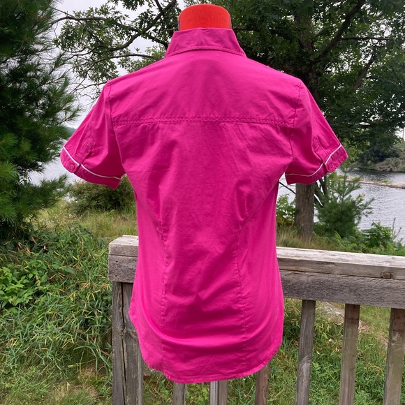 Vintage Y2K Alfred Sung Button Up Bowling Shirt Bright Pink Piping 90s does 60s - Picture 4 of 8